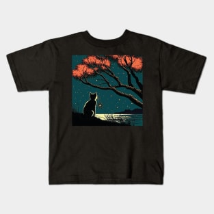 Black Cat Sitting by a Lake on a Starry Night Kids T-Shirt